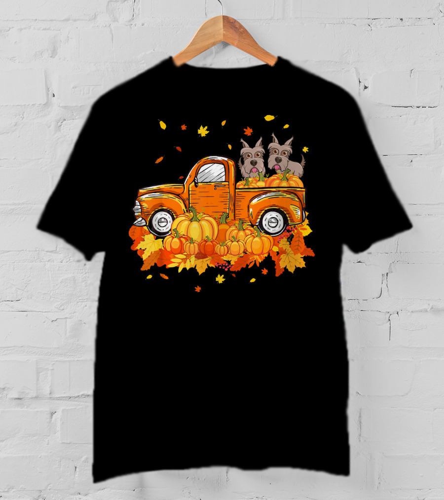 Scottie Dogs In Pumpkin-Filled Truck Surrounded By Autumn Leaves Halloween T-Shirt