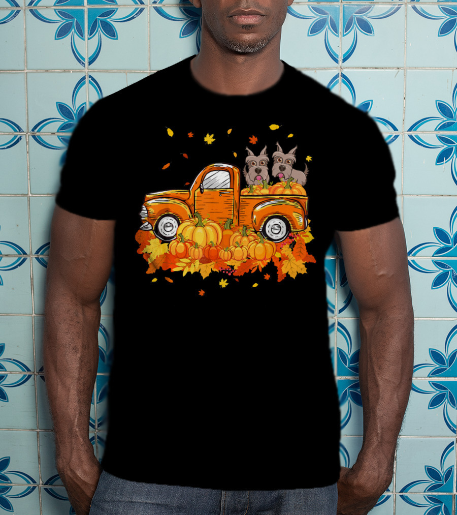 Scottie Dogs In Pumpkin-Filled Truck Surrounded By Autumn Leaves Halloween T-Shirt