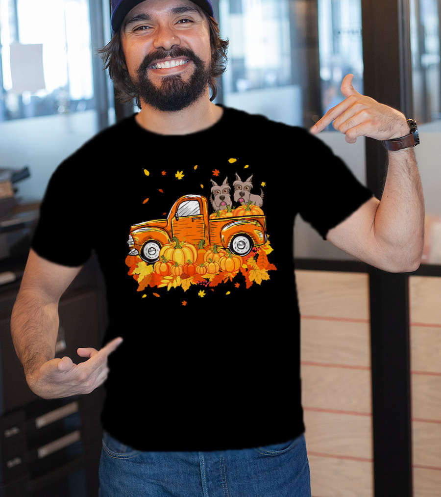 Scottie Dogs In Pumpkin-Filled Truck Surrounded By Autumn Leaves Halloween T-Shirt