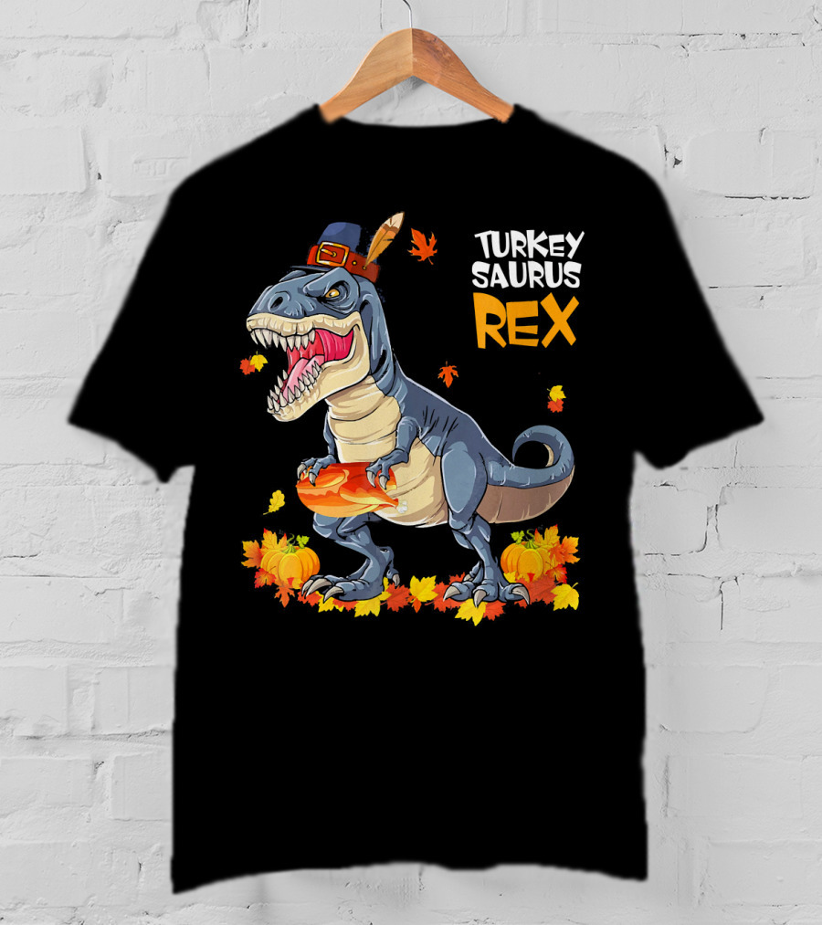 Turkey Saurus Rex Pilgrim Dinosaur Fall Leaves Pumpkins T-Shirt