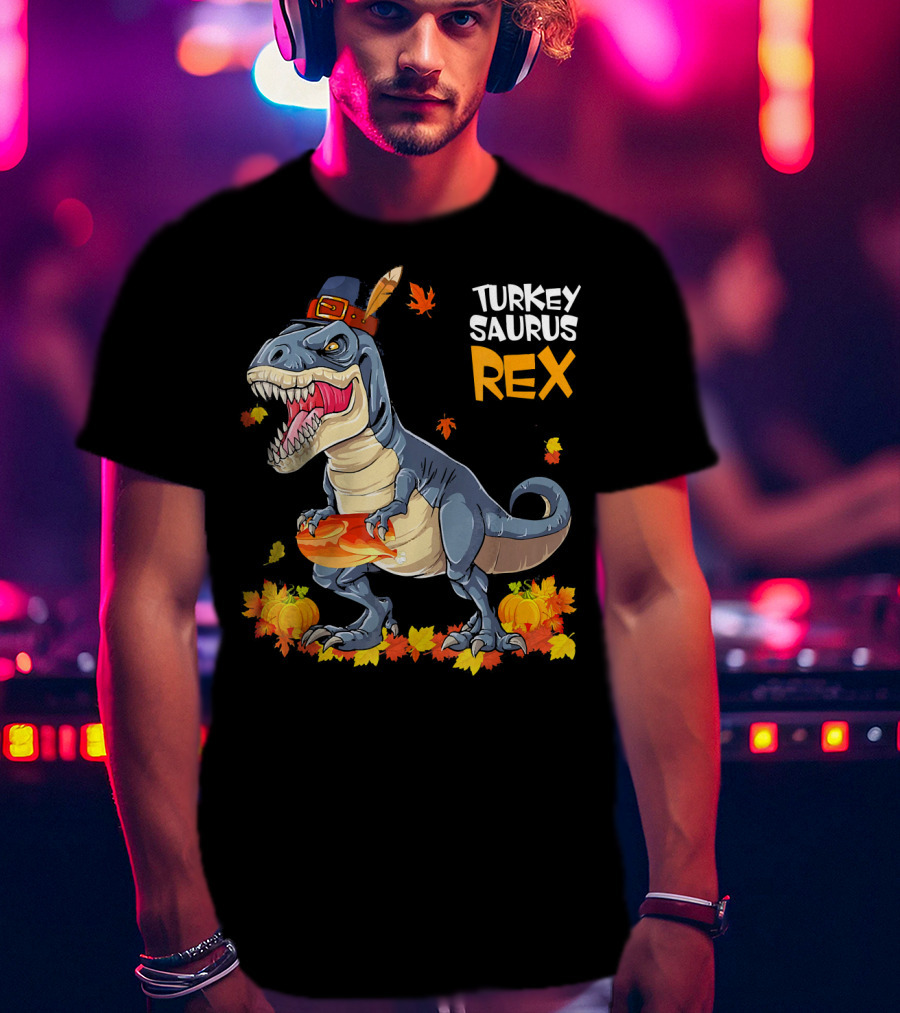 Turkey Saurus Rex Pilgrim Dinosaur Fall Leaves Pumpkins T-Shirt