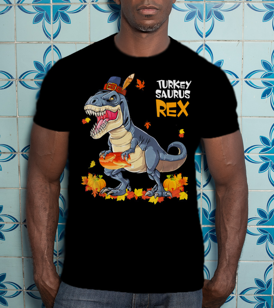 Turkey Saurus Rex Pilgrim Dinosaur Fall Leaves Pumpkins T-Shirt