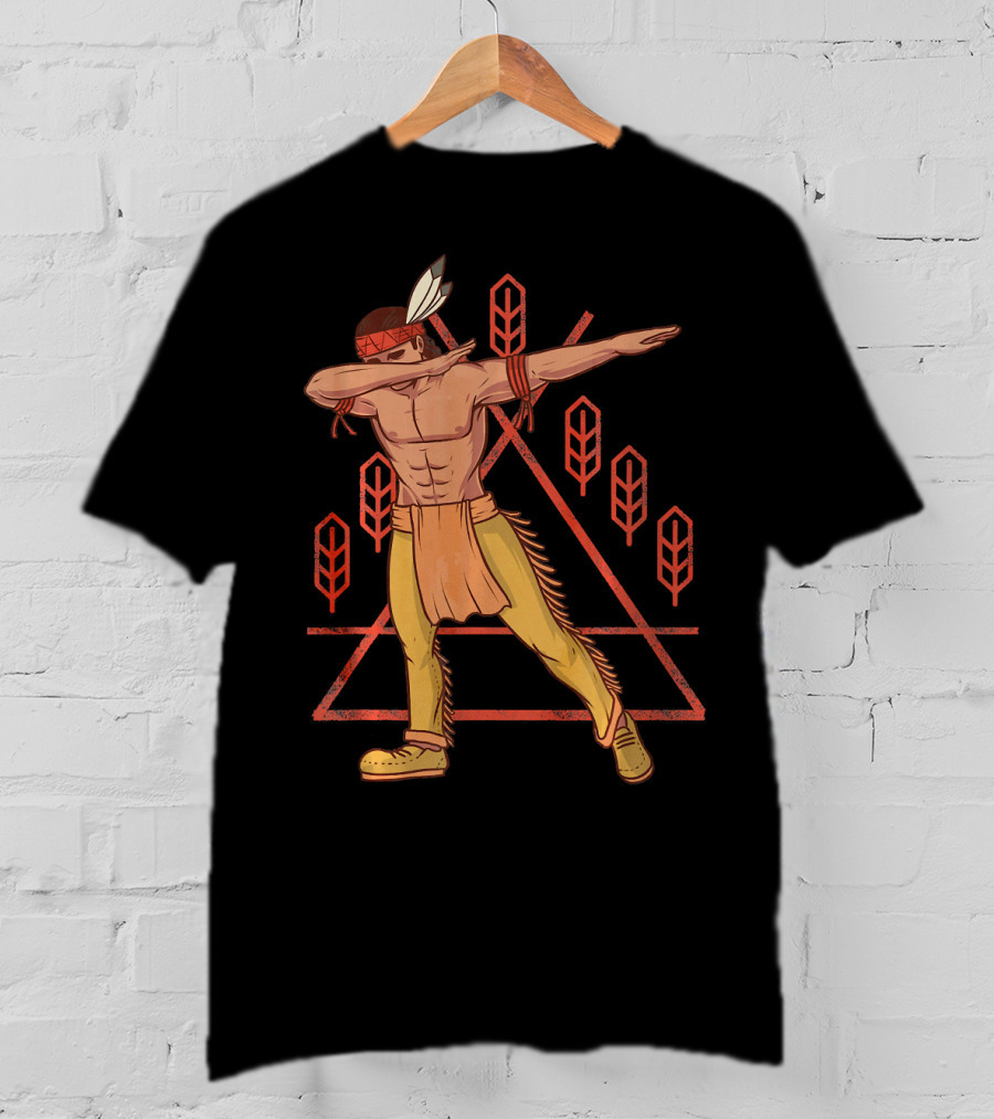 Thanksgiving Dabbing Native American Geometric Feather Motif T-Shirt