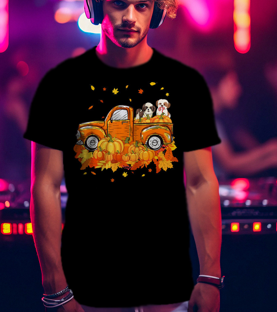 Shih Tzu Puppies In Pumpkin Truck With Autumn Leaves For Halloween T-Shirt