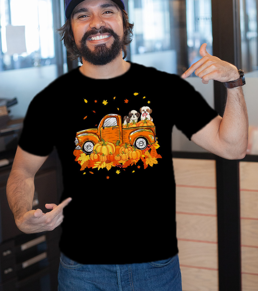 Shih Tzu Puppies In Pumpkin Truck With Autumn Leaves For Halloween T-Shirt