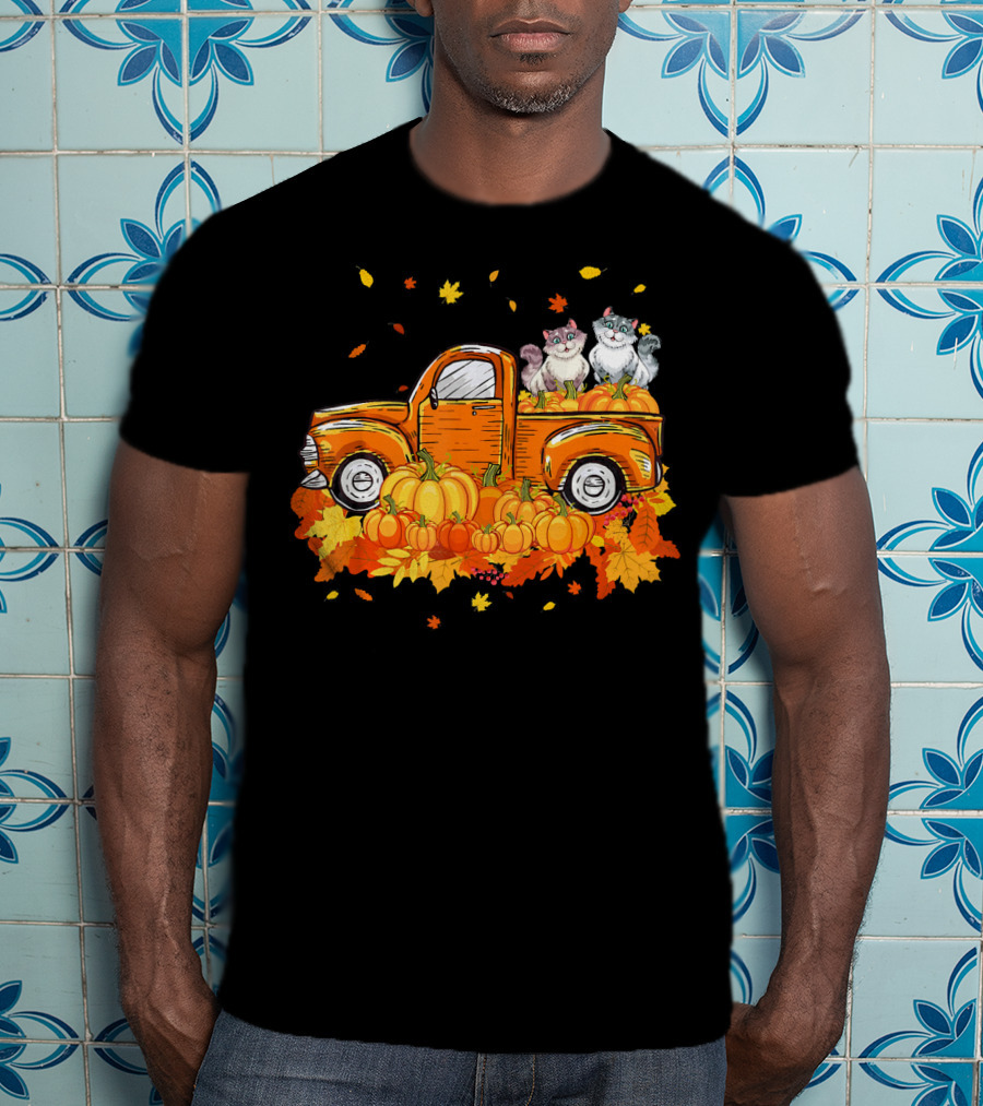 Cat Pumpkin Autumn Truck With Cats And Pumpkins T-Shirt