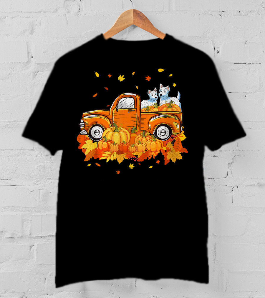 Westie Dogs In Pumpkin Truck With Fall Leaves Halloween T-Shirt