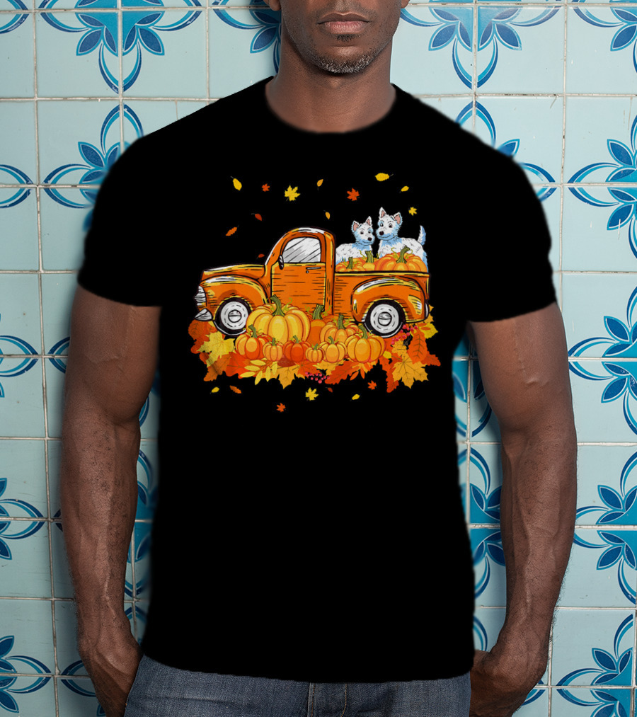 Westie Dogs In Pumpkin Truck With Fall Leaves Halloween T-Shirt