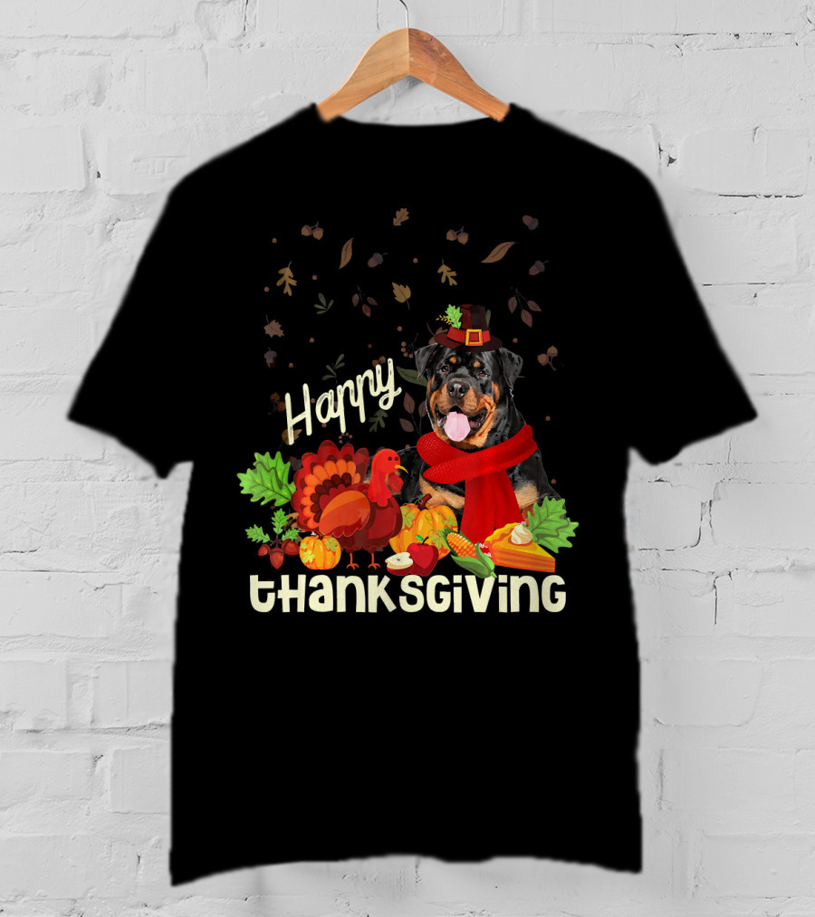 Happy Thanksgiving Pilgrim Rottweiler Turkey Feast With Autumn Leaves And Fruit T-Shirt
