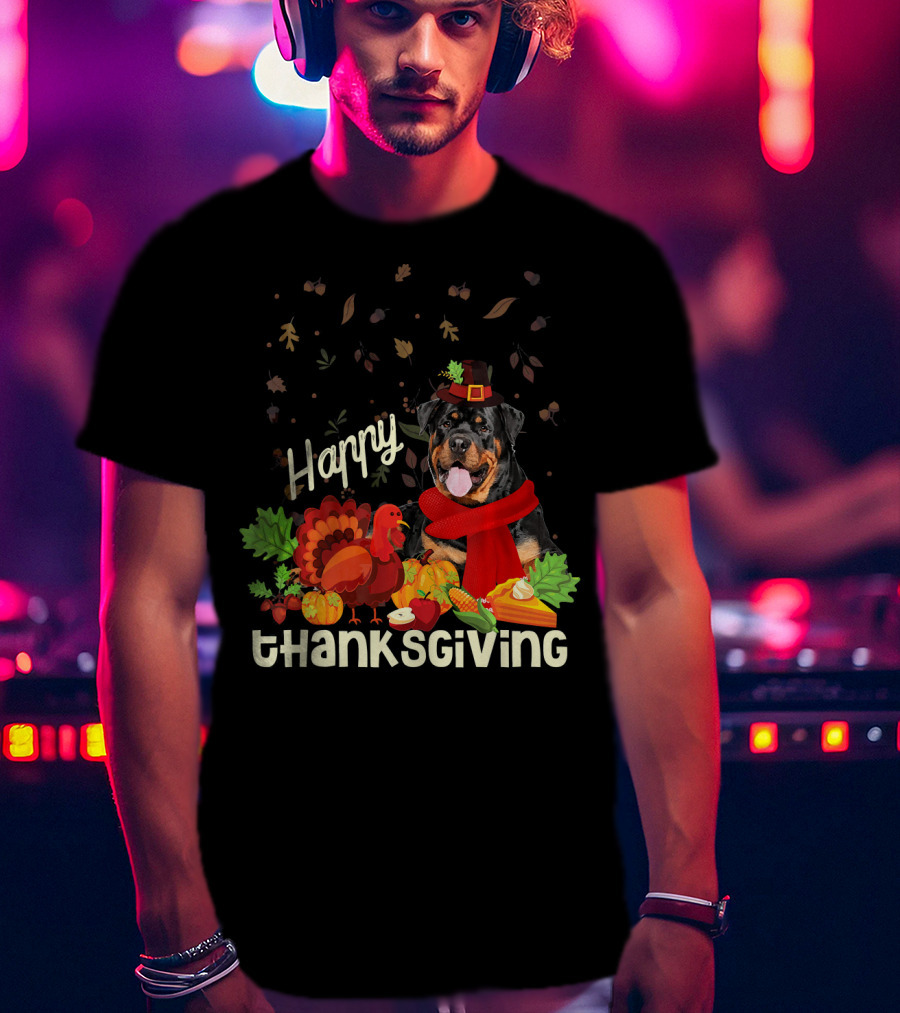 Happy Thanksgiving Pilgrim Rottweiler Turkey Feast With Autumn Leaves And Fruit T-Shirt