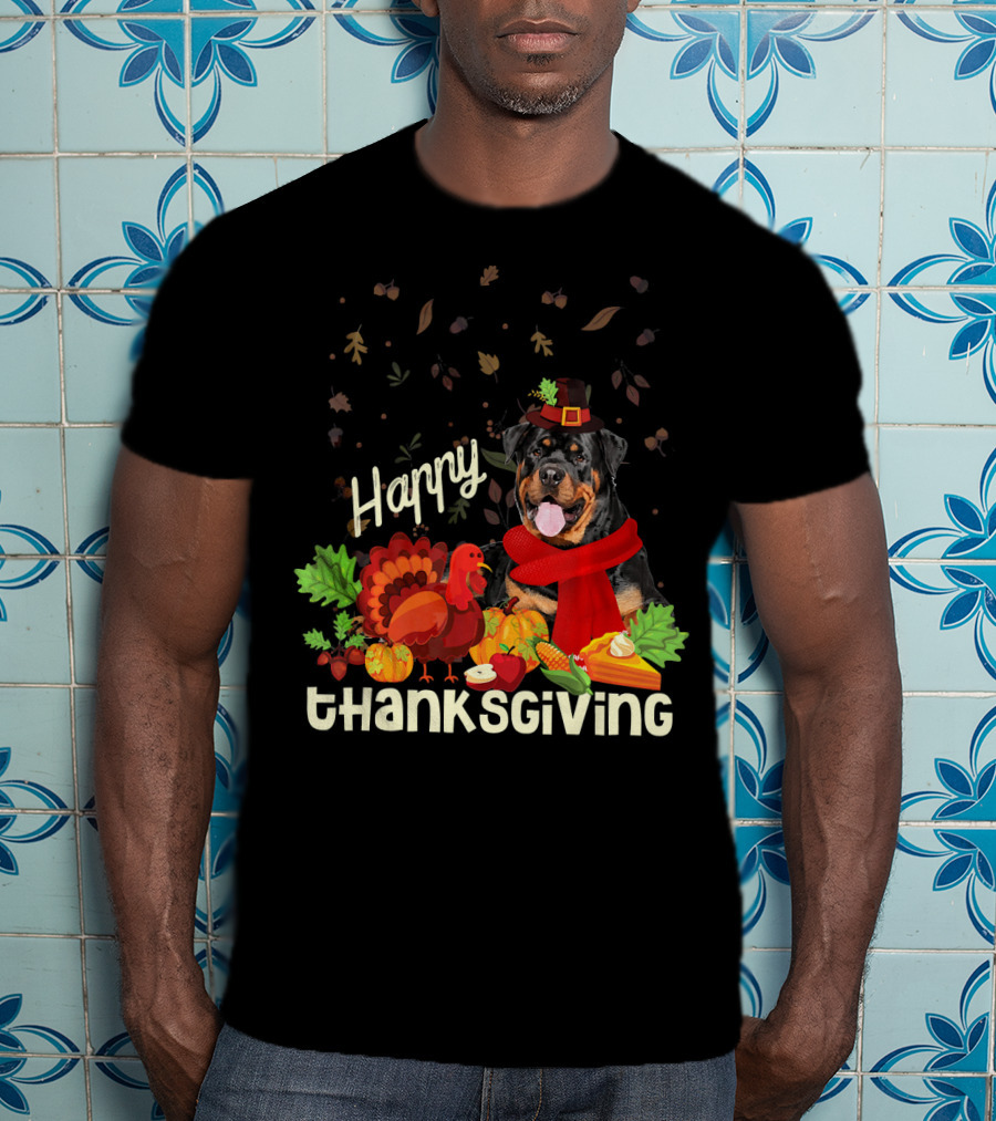 Happy Thanksgiving Pilgrim Rottweiler Turkey Feast With Autumn Leaves And Fruit T-Shirt