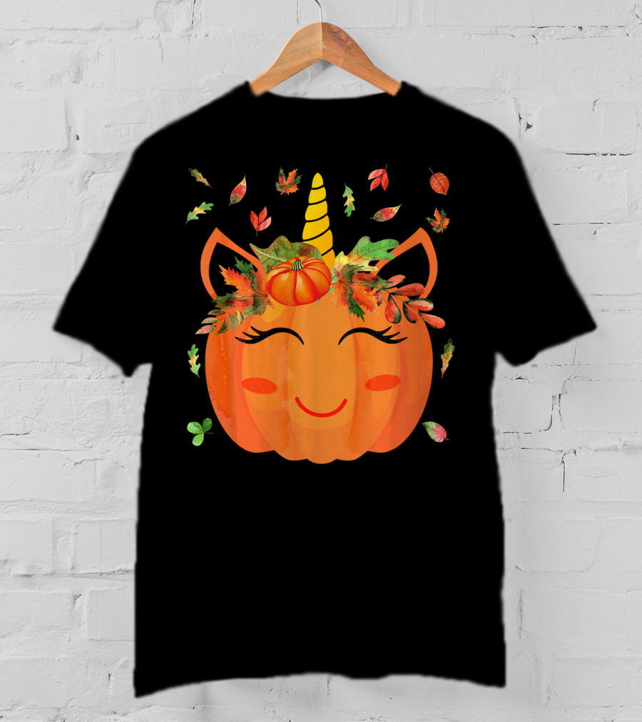 Cute Unicorn Pumpkin With Autumn Leaves And Horn T-Shirt