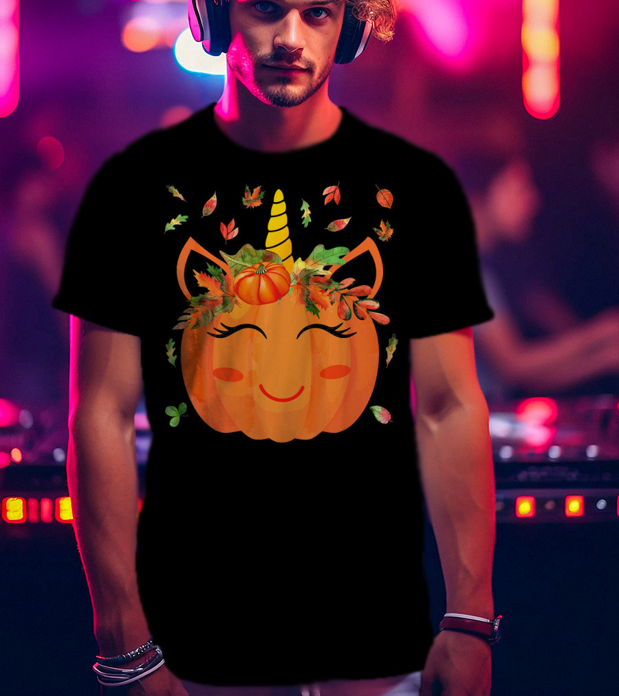Cute Unicorn Pumpkin With Autumn Leaves And Horn T-Shirt