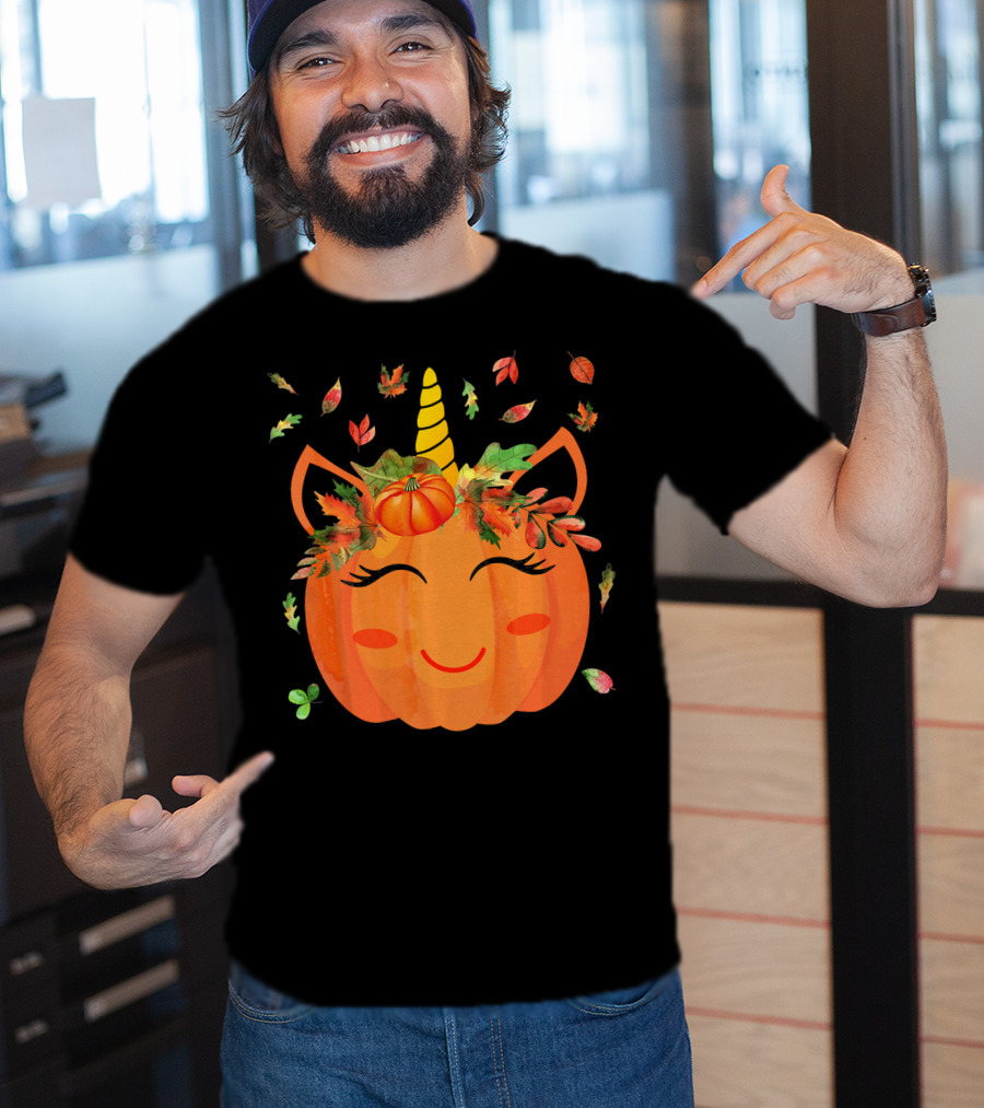 Cute Unicorn Pumpkin With Autumn Leaves And Horn T-Shirt