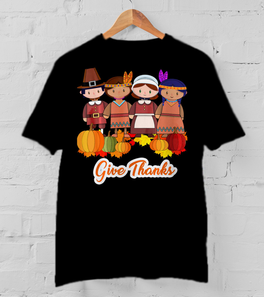 Give Thanks Thanksgiving Pilgrim And Native American With Pumpkins T-Shirt