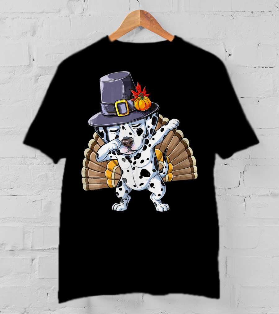 Thanksgiving Dabbing Dalmatian Pilgrim Hat Turkey Tail T-Shirt