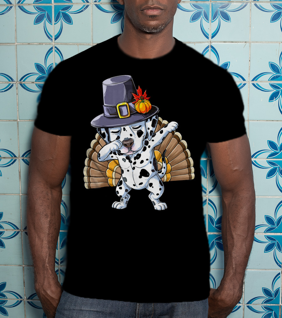 Thanksgiving Dabbing Dalmatian Pilgrim Hat Turkey Tail T-Shirt