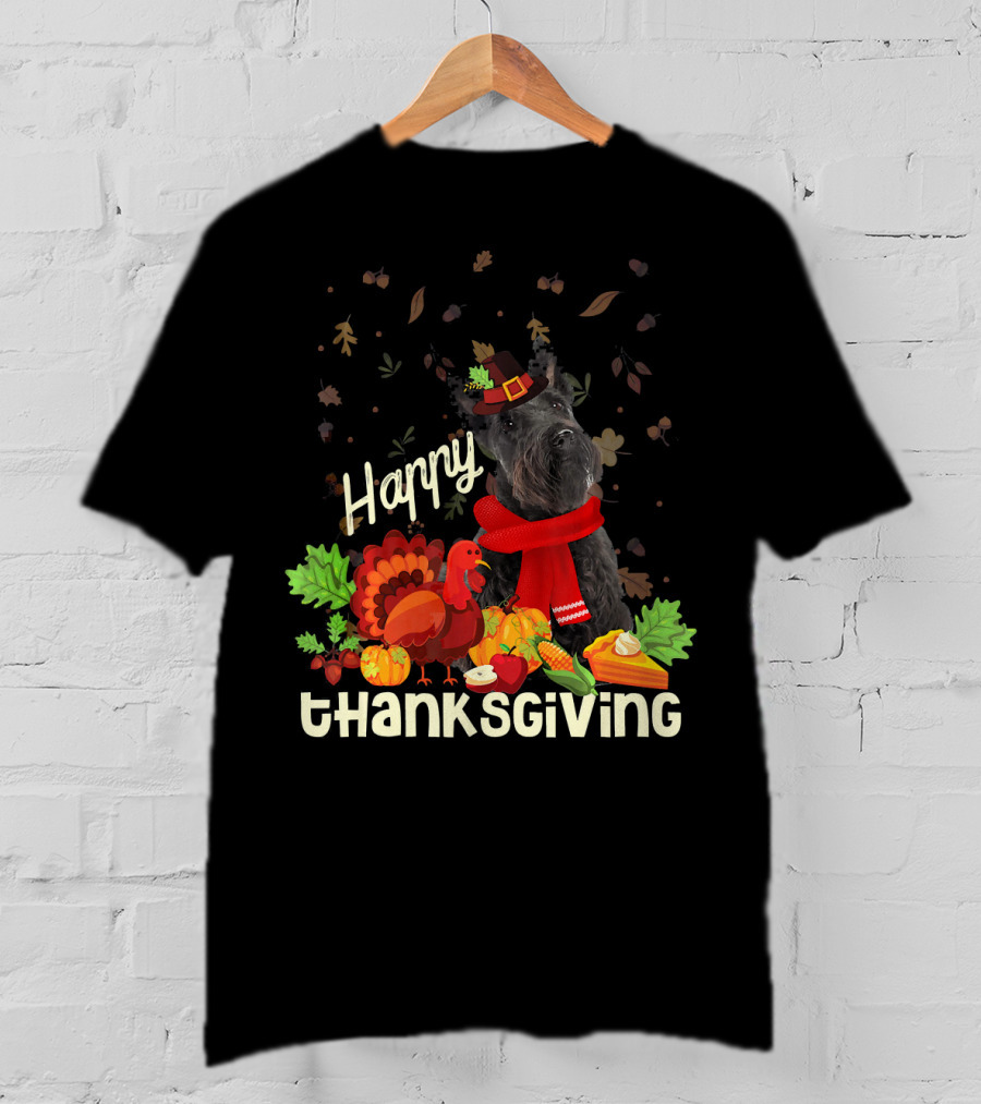 Happy Thanksgiving Pilgrim Scottish Terrier With Turkey And Fall Leaves T-Shirt