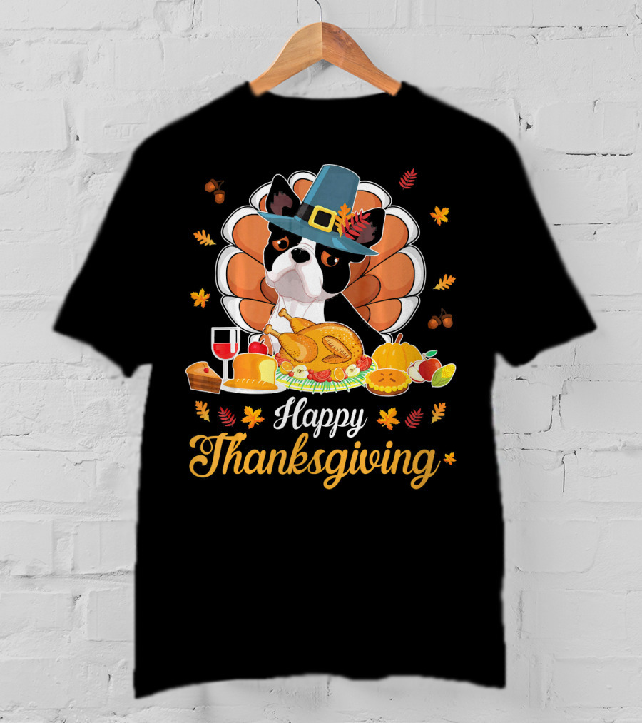 Happy Thanksgiving Boston Terrier Pilgrim With Turkey Feast T-Shirt