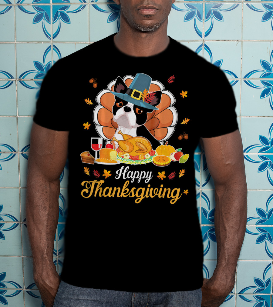 Happy Thanksgiving Boston Terrier Pilgrim With Turkey Feast T-Shirt