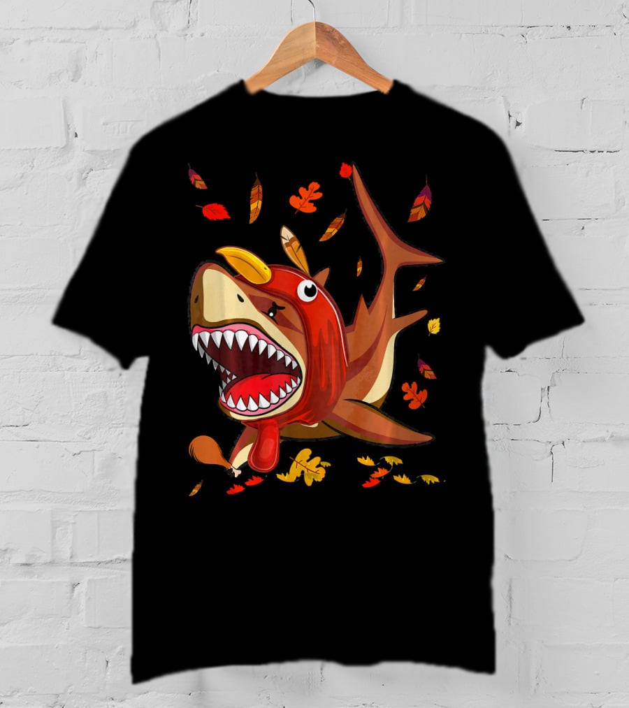 Thanksgiving Shark Doo Doo Doo Turkey Costume With Fall Leaves T-Shirt