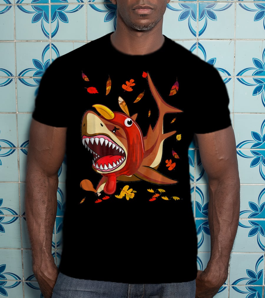 Thanksgiving Shark Doo Doo Doo Turkey Costume With Fall Leaves T-Shirt