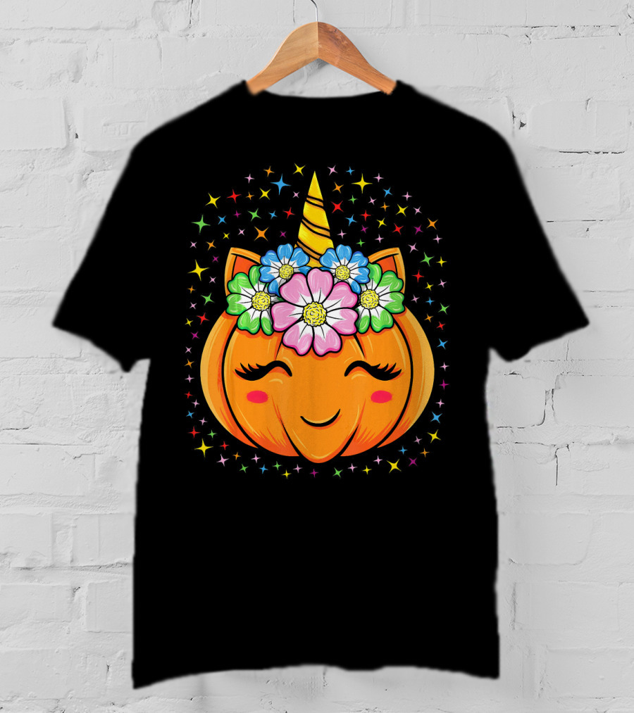 Unicorn Pumpkin Halloween Cute Floral Stars T-Shirt