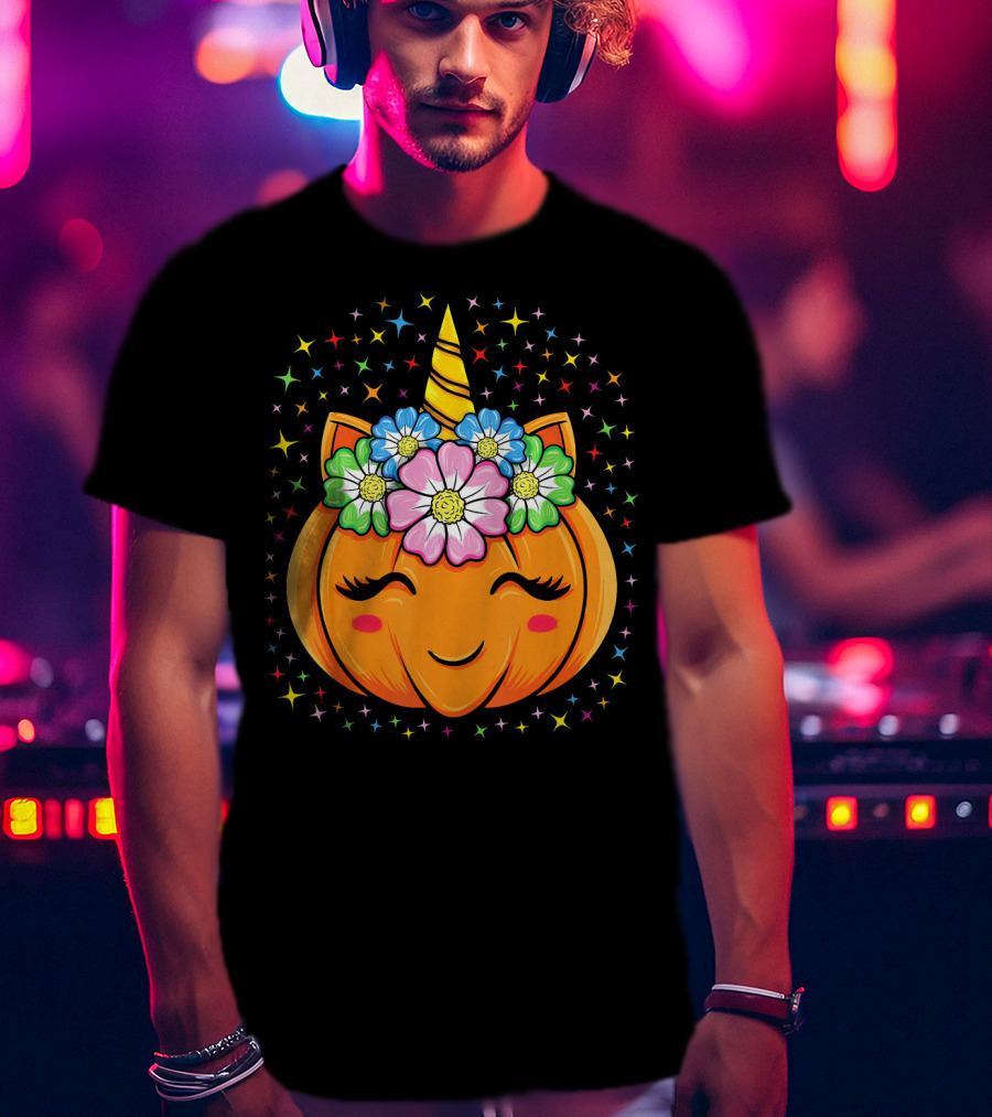Unicorn Pumpkin Halloween Cute Floral Stars T-Shirt