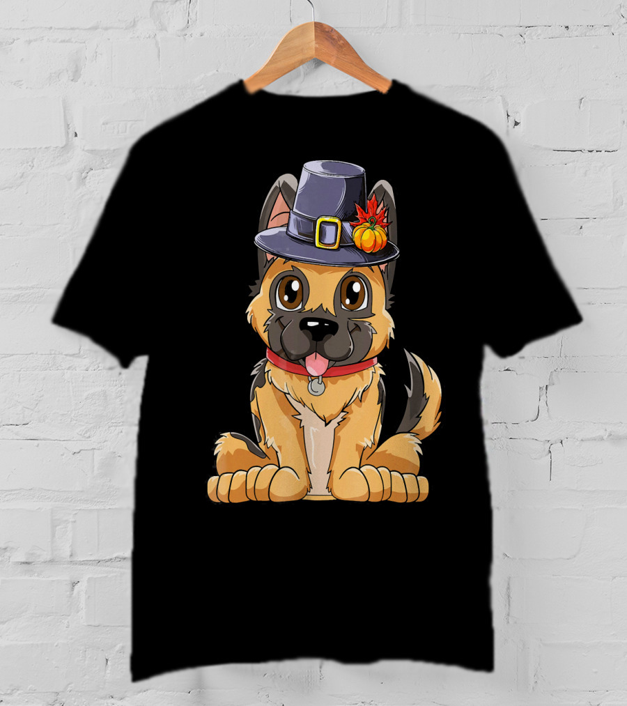 Thanksgiving Kids German Shepherd Cartoon Dog With Pilgrim Hat And Pumpkin T-Shirt