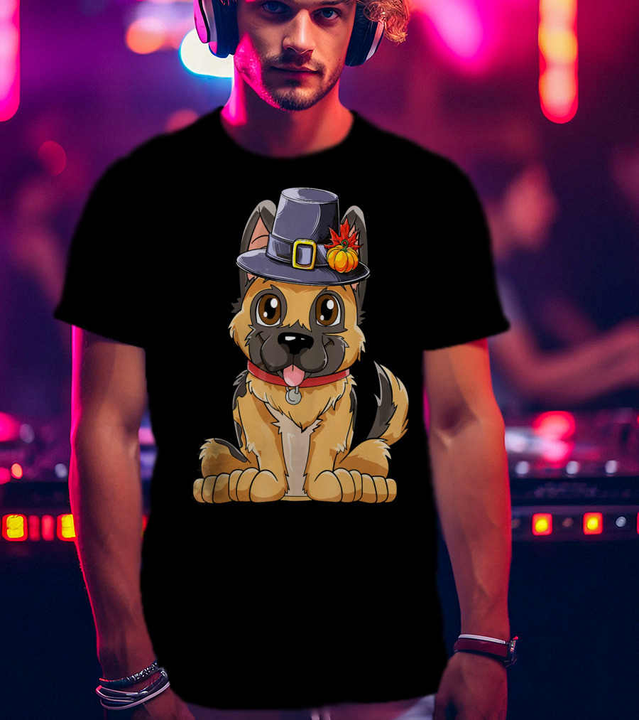 Thanksgiving Kids German Shepherd Cartoon Dog With Pilgrim Hat And Pumpkin T-Shirt