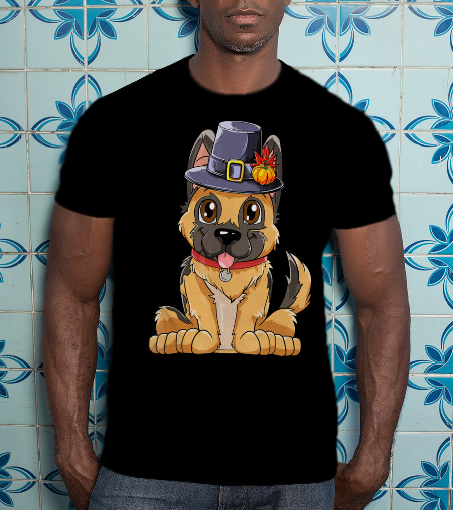 Thanksgiving Kids German Shepherd Cartoon Dog With Pilgrim Hat And Pumpkin T-Shirt
