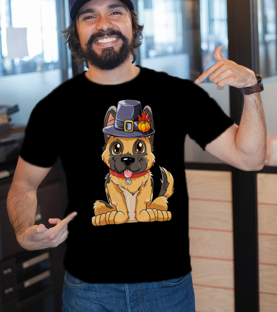 Thanksgiving Kids German Shepherd Cartoon Dog With Pilgrim Hat And Pumpkin T-Shirt