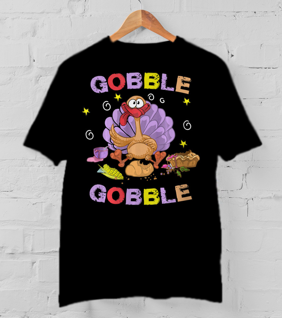 Gobble Gobble Funny Turkey Cartoon Corn Bread Pie Stars Thanksgiving T-Shirt
