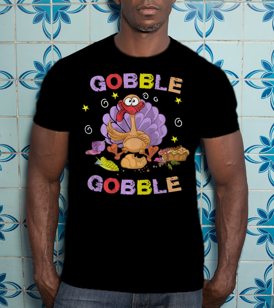 Gobble Gobble Funny Turkey Cartoon Corn Bread Pie Stars Thanksgiving T-Shirt