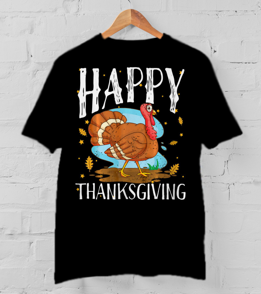 Happy Thanksgiving Funny Turkey Comic Style Leaves Stars T-Shirt