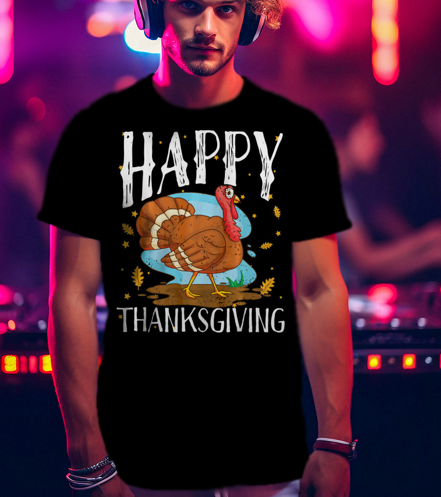 Happy Thanksgiving Funny Turkey Comic Style Leaves Stars T-Shirt