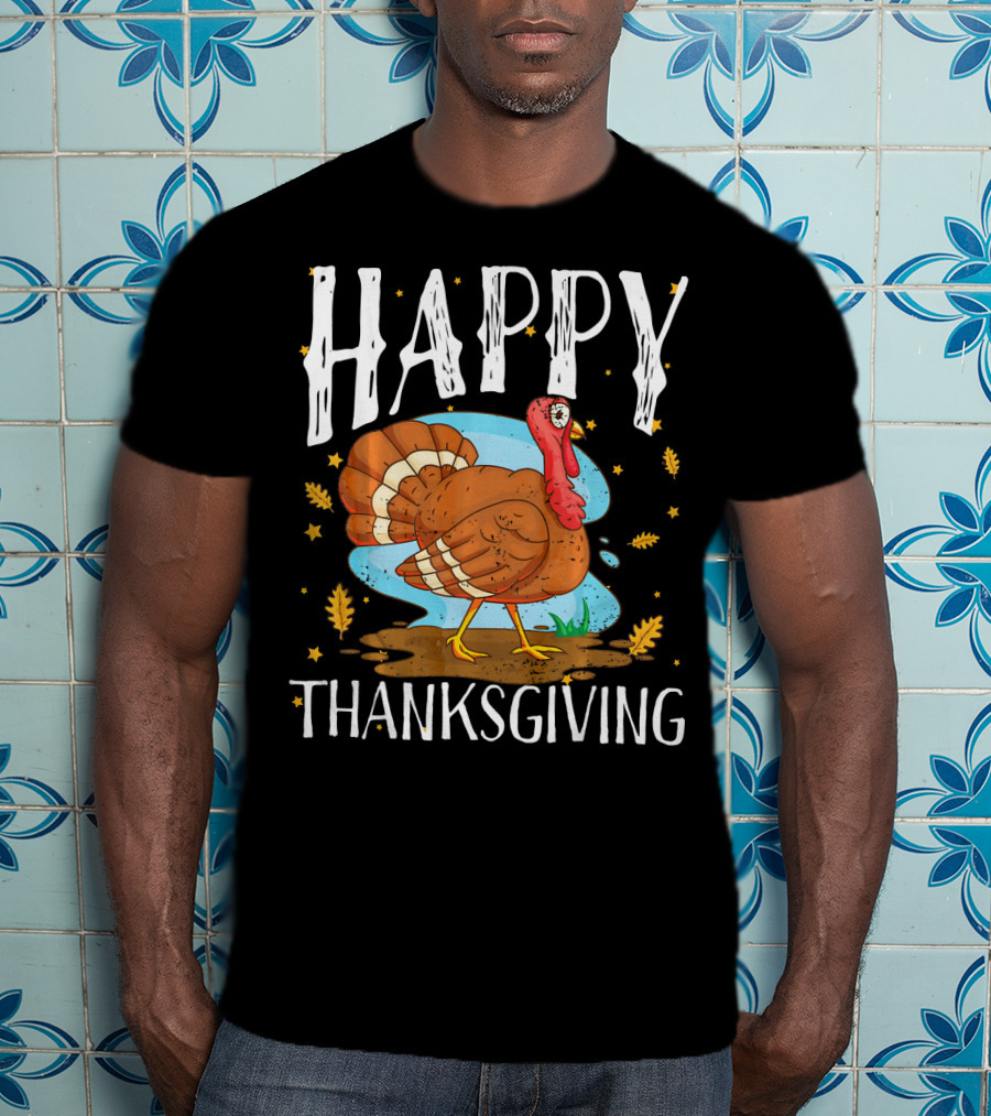 Happy Thanksgiving Funny Turkey Comic Style Leaves Stars T-Shirt