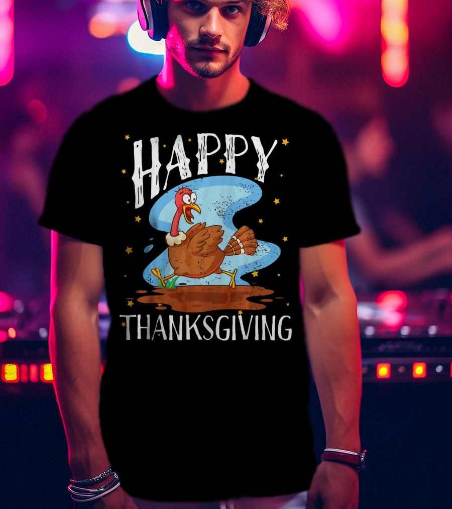 Happy Thanksgiving Running Turkey Cartoon T-Shirt