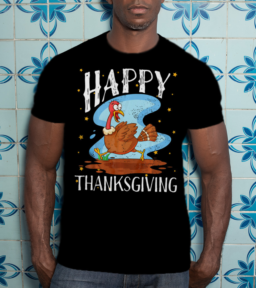Happy Thanksgiving Running Turkey Cartoon T-Shirt