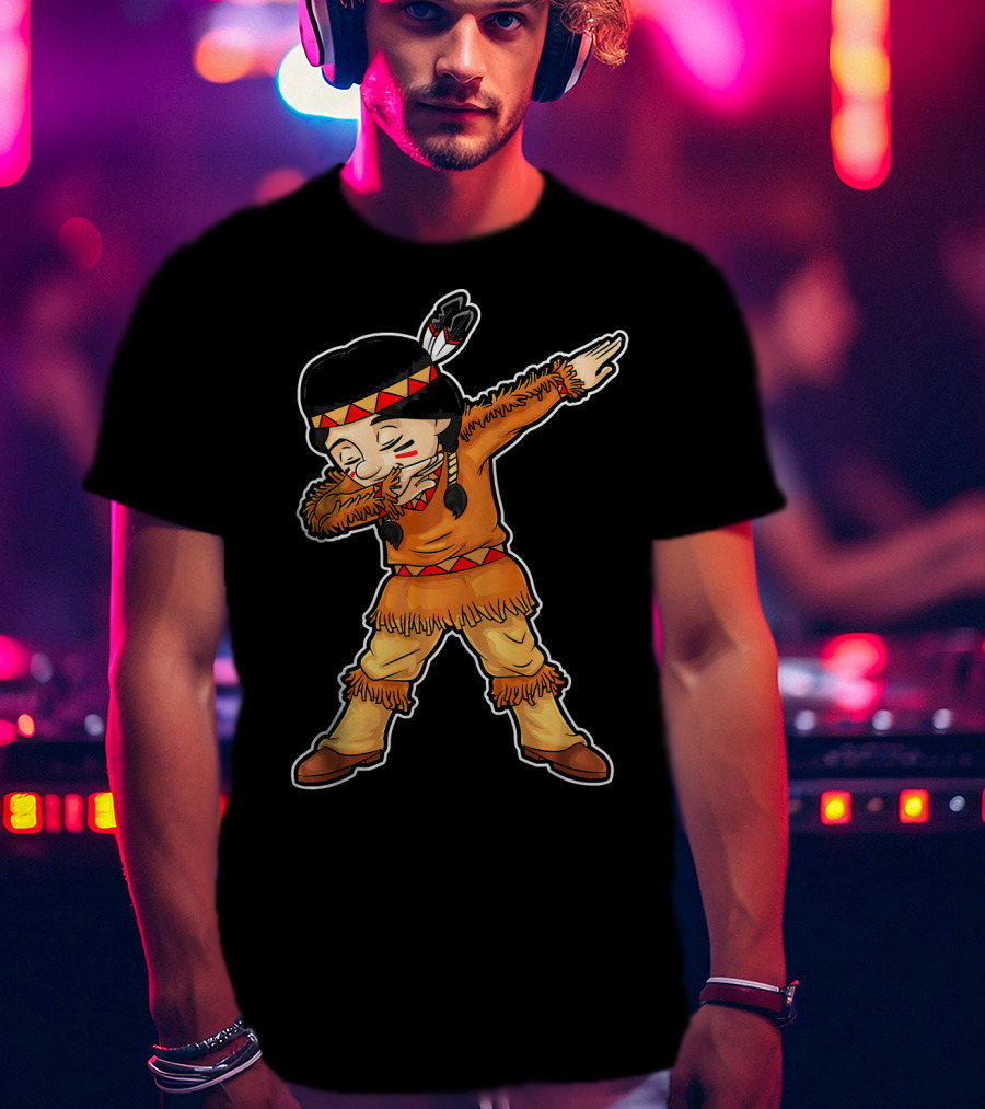 Dabbing Native American Pilgrim In Traditional Attire T-Shirt