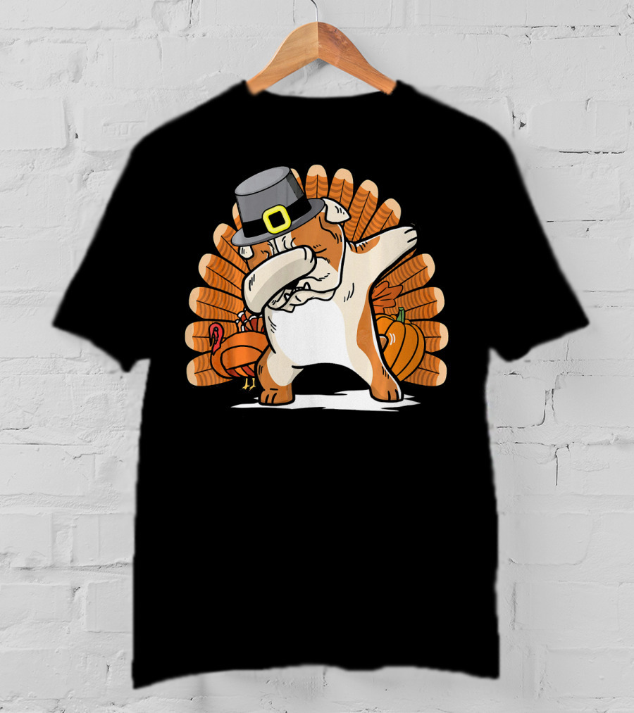 Funny Dabbing English Bulldog Thanksgiving Pilgrim Turkey Pumpkin T-Shirt