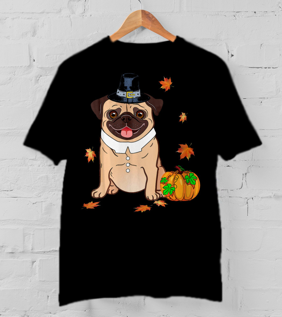 Thanksgiving Pug Pilgrim Hat Pumpkin Leaves T-Shirt