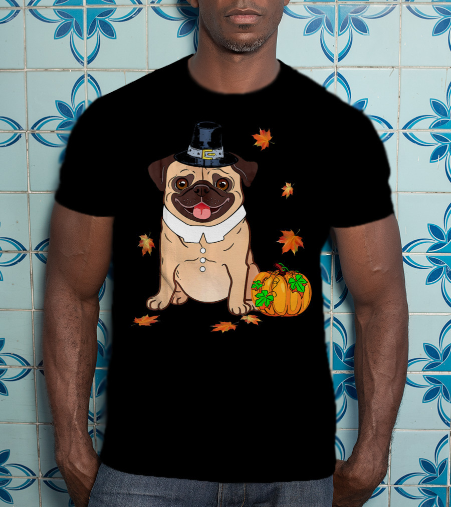 Thanksgiving Pug Pilgrim Hat Pumpkin Leaves T-Shirt