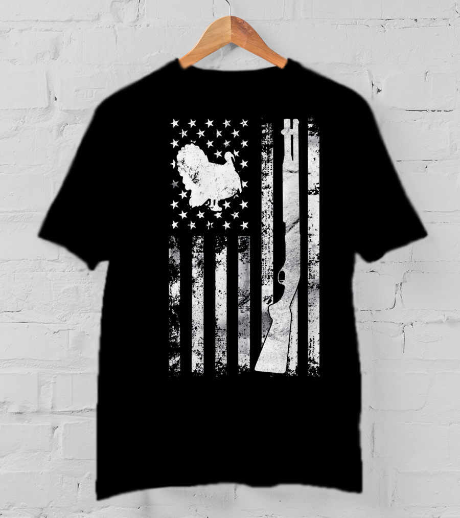 Turkey Hunting American Flag With Rifle And Stars T-Shirt