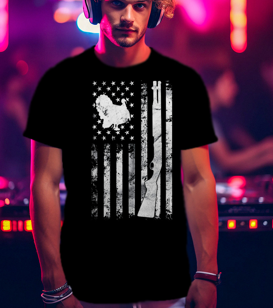Turkey Hunting American Flag With Rifle And Stars T-Shirt