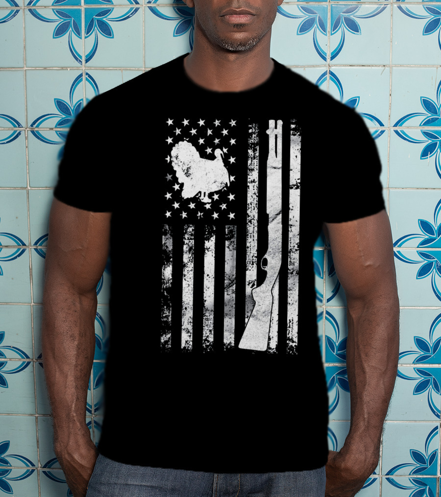Turkey Hunting American Flag With Rifle And Stars T-Shirt