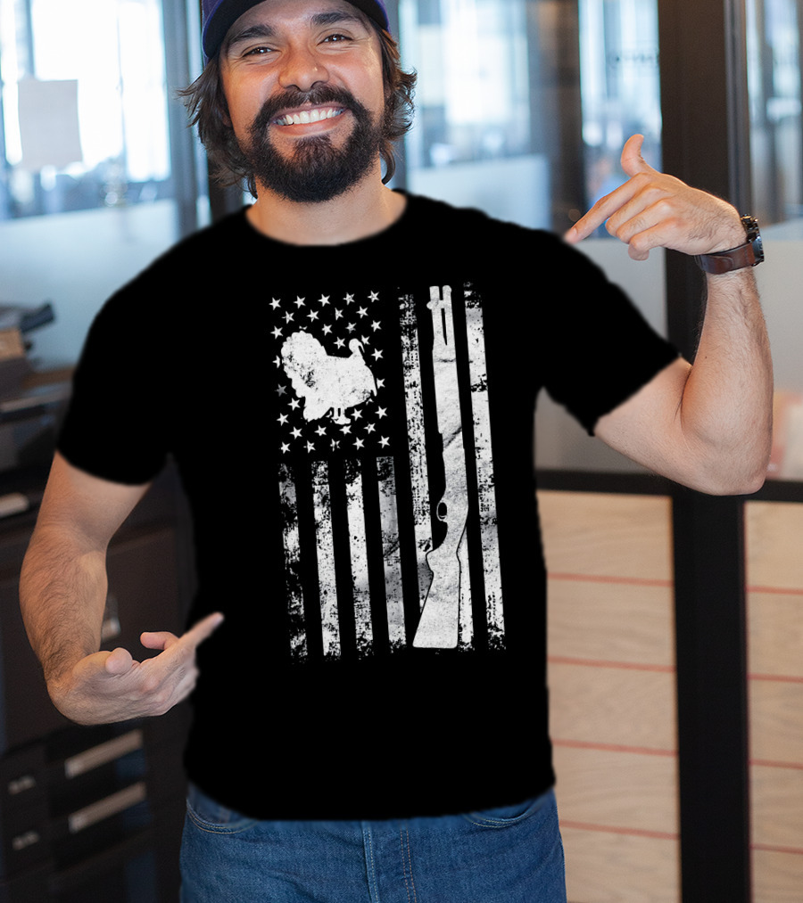 Turkey Hunting American Flag With Rifle And Stars T-Shirt