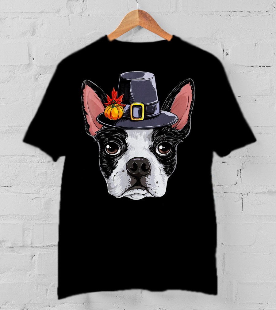 Thanksgiving Bo Boston Terrier In Pilgrim Hat With Pumpkin And Leaves T-Shirt