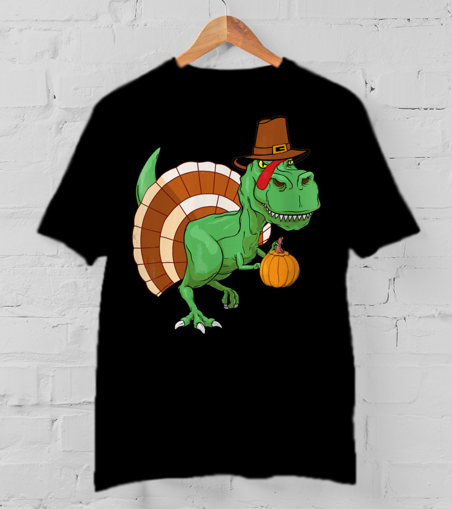 Thanksgiving T-Rex Turkey With Pilgrim Hat And Pumpkin T-Shirt