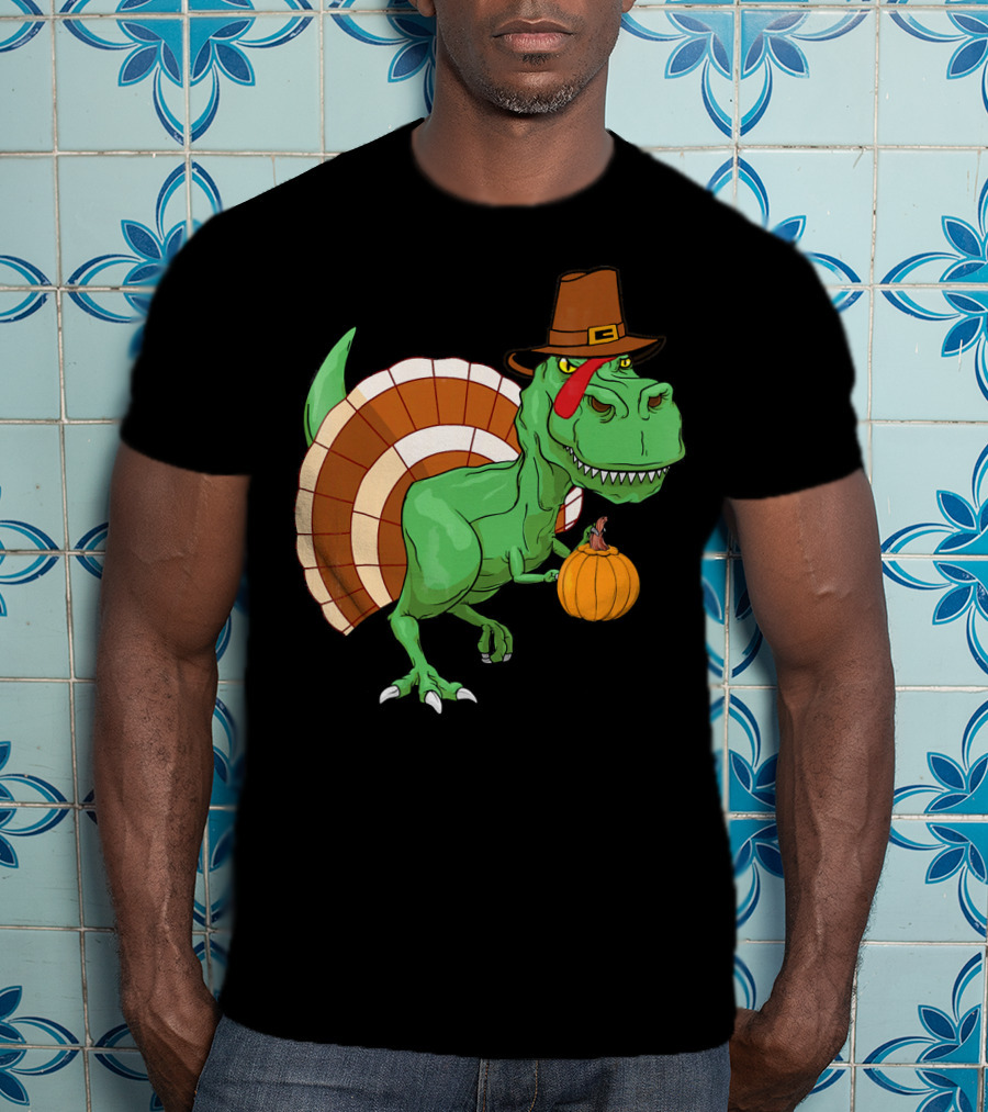 Thanksgiving T-Rex Turkey With Pilgrim Hat And Pumpkin T-Shirt